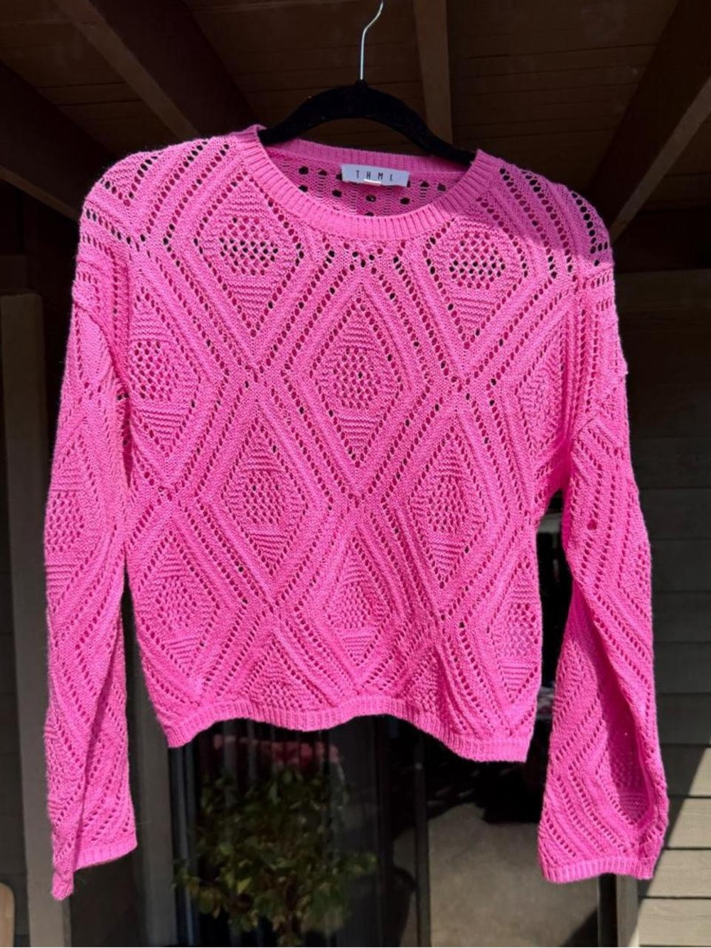 Hot Pink Crochet Open-Knit Diamond Crewneck Sweater